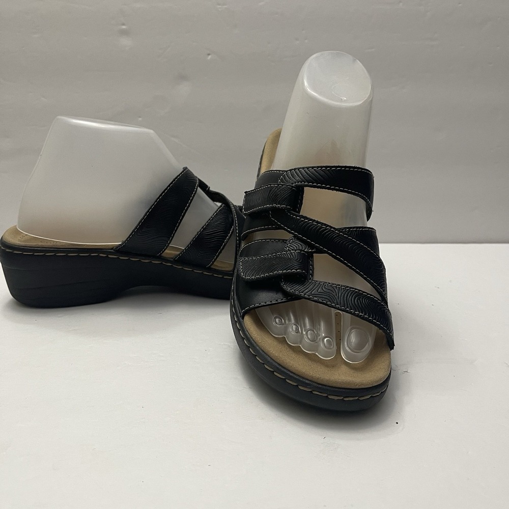 Clarks Collection Womens 9.5 Merliah Karli Leather‎ Black Slide Sandals
